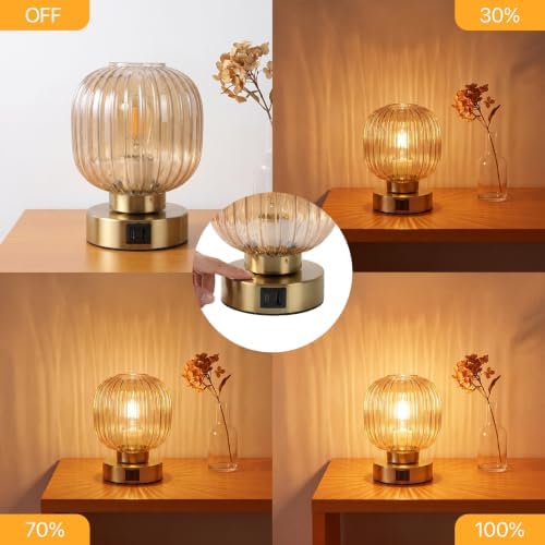 Elenhome Touch Table Lamp Set of 2, 3-Way Dimmable with Glass Shade, USB-C+A Charging Ports, Mid-Century Modern Small Bedside Lamps for Nightstand, Bedroom, and Living Room, LED Bulb Included (Amber) - Image 3