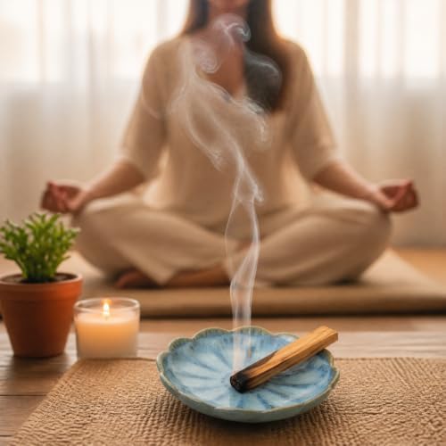 Pinehaven Ceramic Lotus Incense Holder – 5.5 Inch Hand-Sculpted Ash Catcher Tray Bowl with Brass 9-Hole Insert for Incense Sticks – Blue Japanese Zen Home Décor, Meditation Altar Gift - Image 6