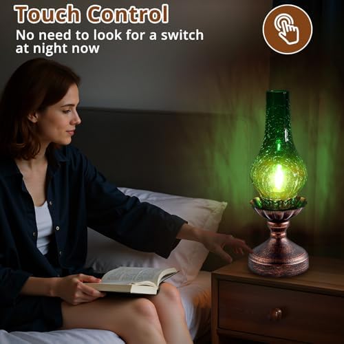 Vintage Table Lamp with Green Crackle Glass Shade,Touch Control & 3-Way Dimmable Rustic Retro Farmhouse Bedside Lamp for Bedroom, Living Room, Cabin, Office (2700K LED Candle Bulb Included) - Image 4