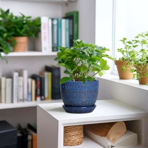 G EPGardening Plant Pots Indoor 5 Inch - Ceramic Pot for Plants with Drainage Hole and Saucer Round Planter Outdoor Modern Flower Pot Home Office Decor Blue - Image 2