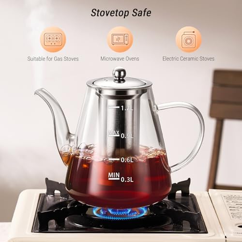 PARACITY 44oz Glass Teapot with Infuser, Stovetop Tea Pot with Scale, Clear - Image 5