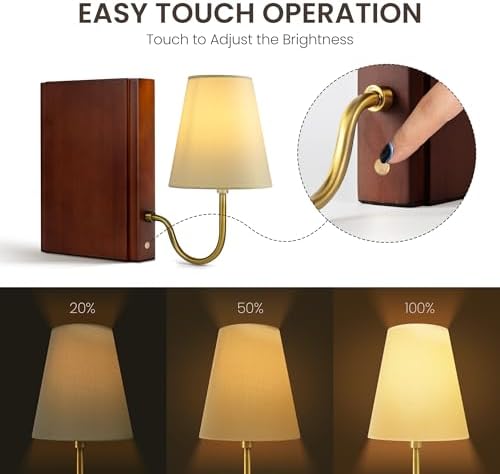 AELS Solid Wood Bookshelf Lamp with Bulb, Cordless Rechargeable Touch Dimmable Table Lamp with Linen Fabric Shade, Modern Decorative Bookend Lamp for Bedroom, Office & Bookshelf Decor, Dark Brown - Image 3