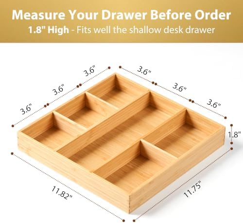 Umilife Bamboo Desk Drawer Organizer, Wood Office Junk Tray, 12"x12" - Image 2