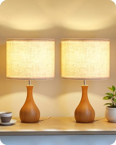 Wood Table Lamps Set of 2, Small Bedside Lamps Set of 2, Beige Linen Lampshade & Dark Pearwood Base, 14.2" Small Table Lamp, Nightstand Lamps for Bedroom, Small Space, E26 Socket, LE09TLP205 by GOEBLESON