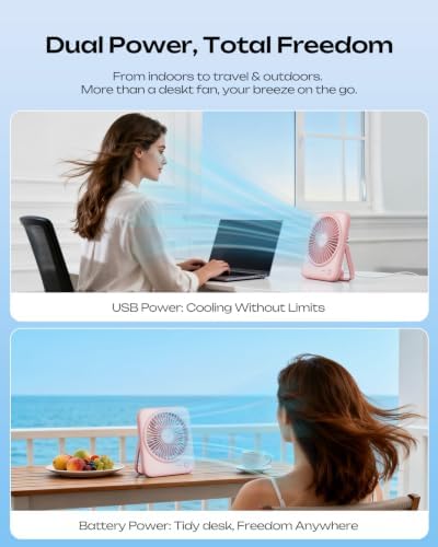 Otlonpe Personal Portable Desk Fan, 4000mAh Small Rechargeable Portable Fan Battery Operated & USB Powered for Travel Sleeping Bedroom Office Home Table, Cordless, Quiet, 4-Speed, 6.5 Inch (Pink) - Image 2
