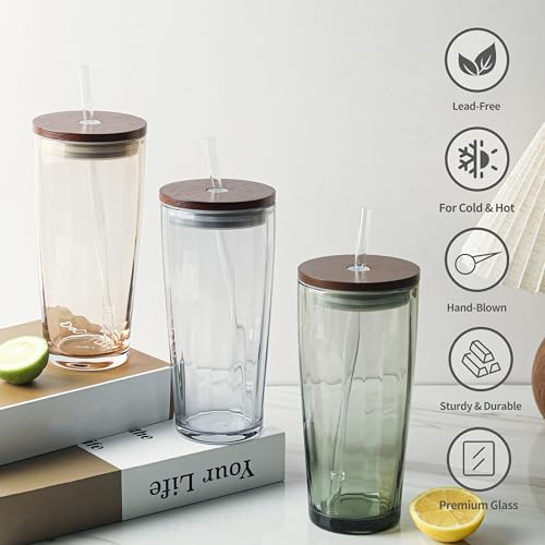 NIRA.Z Glass Tumbler with Lid and Straw 20oz, Ribbed Aesthetic Iced Coffee Glass Cup, Amber Drinking Glass with Wooden Lid, Reusable Straw Cup - Image 5