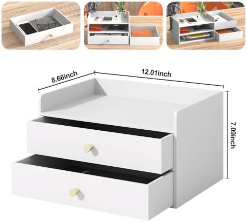 Bamboo Desk Organizer with Drawers,Wooden Desktop Storage(2 Drawers,White) - Image 2