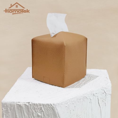 HOMOTEK 2 Pack Tissue Box Cover, Square PU Leather Tissue Holder, Decorative Facial Tissue Cube Paper Organizer Dispenser for Bathroom, Night Stands, Desk, Car 5X5X5'' - Camel, Pebble Grain - Image 4