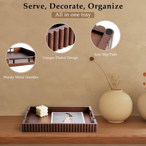 Serving Tray for Coffee Table Decor, 16.7" Decorative Ottoman Tray, Walnut - Image 3