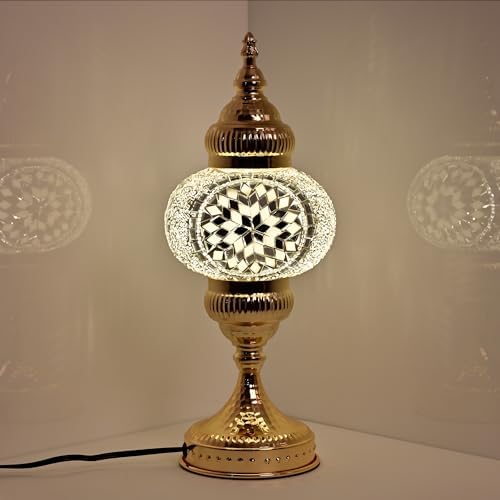 GOGERS Turkish Mosaic Table Lamp, Amber Glass Bedside Lamp with Gold Metal Base, E12 LED Bulb Included, Warm Ambient Decorative Lamp for Bedroom, Living Room, Nightstand, Home Decor Gift (White) by GOGERS