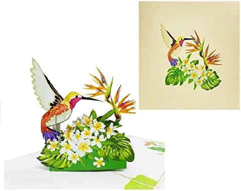 ETA 3D Floral Hummingbird Pop Up Card, Birthday Card, Thank You Card, Mother's Day Card, Nature Card, Congratulate with 3D Bird, Laser Cut, Handmade in Vietnam, 5.9 in x 5.9 in