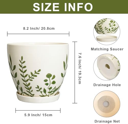 MPotTo Ceramic Pot for Plants 8.2 Inch - Indoor Plant Pot with Drainage Hole and Saucer, Decorative Boho Round Outdoor Planter, Gardening Gifts for Women Men, Room Patio Office Home Decor, White - Image 2