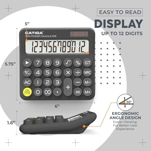CATIGA Mechanical Switch Calculator with Solar and Battery Dual Power, 12-Digit Large LCD Display, Aesthetic and Cute Desktop Calculator with Big Button, for Home, School and Office Use, SD-1299 - Image 2