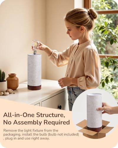 EDISHINE 9.85" Small Table Lamp, Cylindrical Beige Linen Lampshade, E26 - Image 5