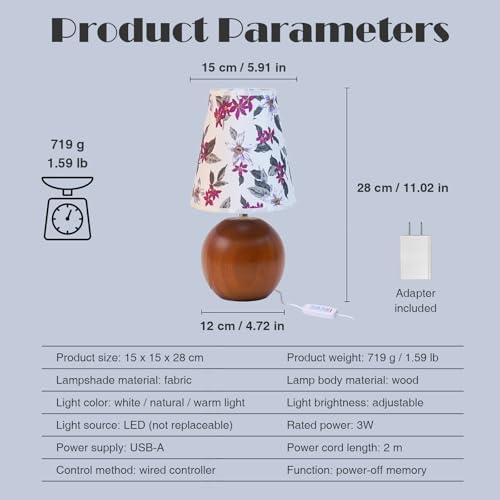 Vintage Wooden Night Lamp, Wood Base Fabric Lampshade, Adjustable Light Color and Brightness with Power-Off Memory, Safe USB Powered, Retro LED Table Light for Bedroom Living Room Office (Red Flowers) - Image 6
