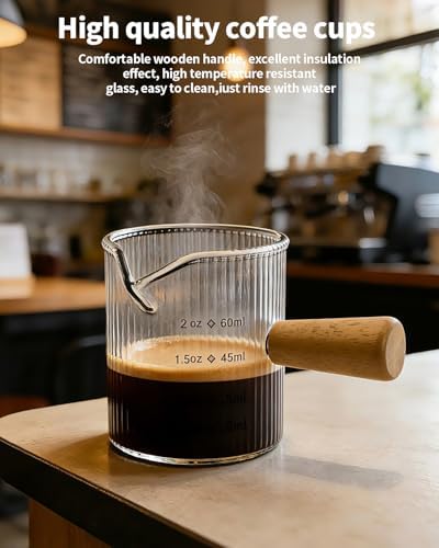 Espresso Measuring Cup 2 OZ, Espresso Glass Cups with Wood Handle, Milk Frothing Cup, Espresso Cup for Coffee, Milk, Tea or Maple Syrup Serving (Transparent, 2 oz) - Image 3