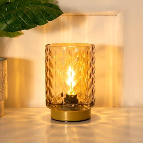 LUSHARBOR Battery Operated Lamp with Timer, Small Decorative Table Lamp Ambient, Glass Cordless Lamps Bedside Battery Powered Lamp for Bookshelf, Entryway Wave Design-Amber by LUSHARBOR