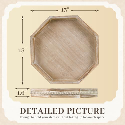 Wooden Decorative Tray, Small Serving Tray with Wood Bead, Farmhouse Big Tray for Ottoman, Countertop, Coffee Tabl, 13" x 13"x 1.6" (White Washed) - Image 2