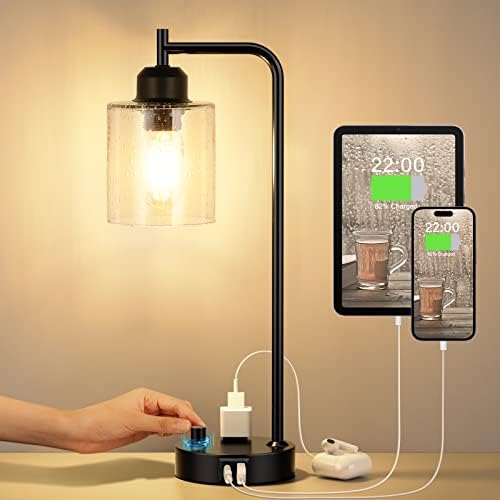 Industrial Desk Lamp, Fully Dimmable Small Bedside Table Lamp, Black, USB C by Innqoo