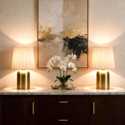 12.2 Inch Mini Table Lamp with Scalloped Wave Linen Shade, Modern Gold Metal Base Cute Nightstand Lamp, Decor Small Desk Light for Bedroom, Living Room, Bookshelf, Kitchen Counter, Kids Room, Office - Image 6