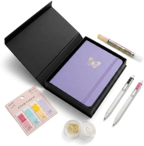 JY Meigo **Premium** Stationery Gift Set - **Back to School College Essentials** for Students - Aesthetic Journaling Kit 120GSM Purple Butterfly Journal, Uni-ball One Pens & KOKUYO Highlighter by Unknown