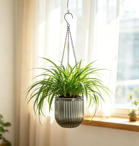 Melphoe 2 Pack Self Watering Hanging Planters Indoor Flower Pots, 5.3 Inch Outdoor Hanging Basket, Plant Hanger with 3Hooks Drainage Holes for Garden Home (Gray) - Image 2