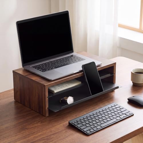 Fenge 14.3-Inch Monitor Stand with Slide-Out Trays, Wood & Metal Desk Shelf - Image 2