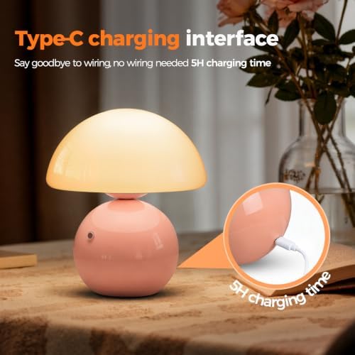 NIORSUN Mushroom Lamp Table Lamp for Bedroom, Portables Cordless Table Lamp,Wireless lamp,Small Bedside Table Touch Lamps for Living Room,Mini Mushroom 5200mAh Battery Operated Lamp Modern Pink - Image 4
