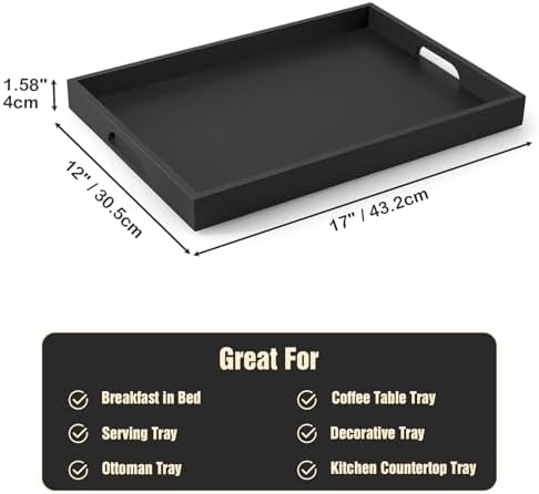 17 Inch Wood Serving Tray with Handles - Large Wooden Tray for Ottoman, Breakfast in Bed, Dinner, Coffee Table - Black Rectangular Tray for Living Room Bedroom Entryway and Kitchen - Image 5