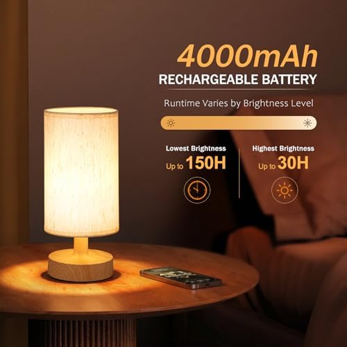Kakanuo Cordless Table Lamp Rechargeable Small - 2 Pack Beige Wood, 4000mAh Battery Operated Lamp with Touch Control Stepless Dimming, Wireless Lamp for Bedside, Nightstand, Bedroom, Living Room - Image 4