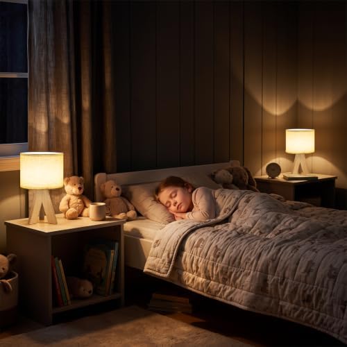 Tripod Table Lamp Small Bedside Lamp with Linen FabricShade, Mid Century Modern Nightstand Lamp for Bedroom Living Room Office Nursery, Wooden Legs(Cylindrical) - Image 6