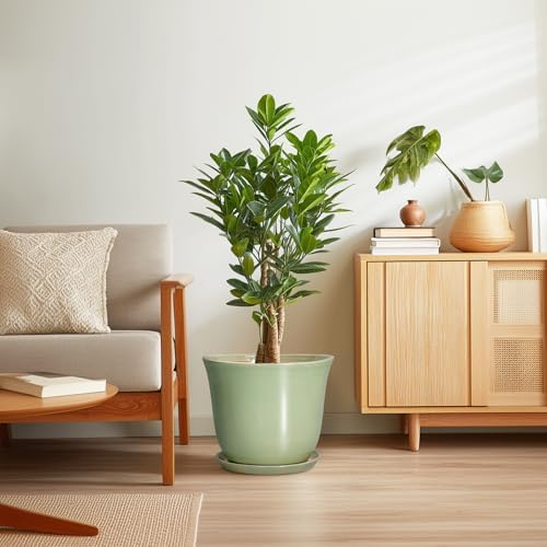 Ceramic Planter - 12 Inch Plant Pot for Indoor Outdoor, Round Planter with Drainage Hole and Saucer, Large Plant Pot, Modern Flower Pots, Home Garden Apartment Decor, Gardening Gifts, Green - Image 7