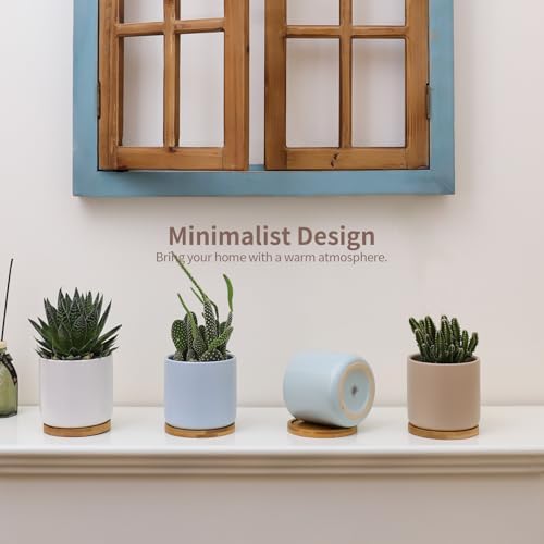 4 Inch Planters with Drainage Hole and Saucer, Small Ceramic Cylinder Plant Pot with Trays for Succulent, Aloe, Cactus & Herbs, Morandi Colors, Set of 4 - Image 5