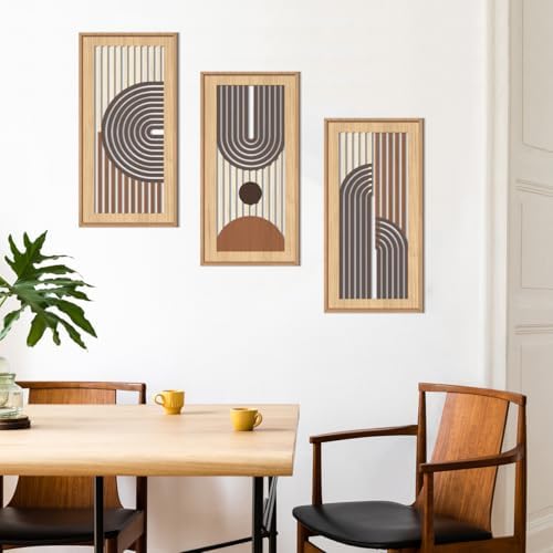 IARTTOP Mid-Century Modern Boho Wooden Wall Art Framed 8x16 Inch Orange Abstract Bohemian Wood Wall Decor Set of 3 Minimalist Geometry Artwork for Living Room Bedroom Office - Image 5
