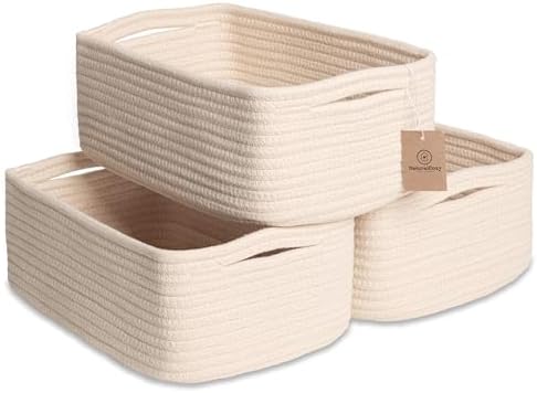 NaturalCozy 11.8"x8"x4.5” Storage Baskets for Shelves 3 Pack | Cotton Rope Woven Small Baskets for Organizing | Small Storage Bins for Nursery, Bathroom, Closet, Cube Shelf, Decorative, Gift Basket by NaturalCozy