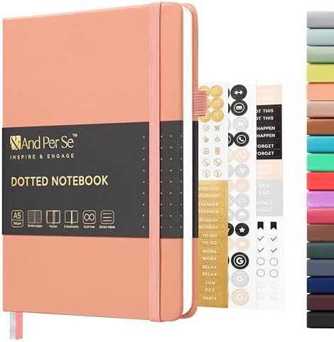 &And Per Se Dotted Journal Notebook, A5 Hardcover Aesthetic Dotted Notebook – 160 Pages 100gsm Thick Dot Grid Paper, 3 Sticker Sheets – Gift-Ready Journaling Kit for Women (Peach Pink) by AndPerSe