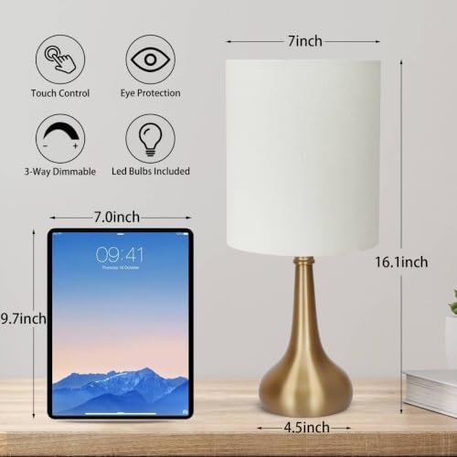 Set of 2 Bedside Touch Lamps, 16 Inch Dimmable Small Nightstand Lamp, Night Light Lamp Simple Touch Table Lamp with Brass Metal Base for Living Room Bedroom Office, A19 3000K Led Bulb Included - Image 3