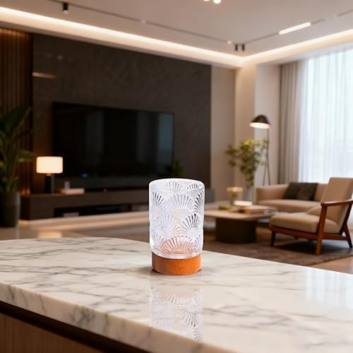 Battery Operated Night Light with Timer, Aesthetic Cordless Battery Powered Decorative Glass Lamp,Small Cozy Nightlight for Dorm,Mini Lamps for Nightstand,Bathroom,Bedroom,Warm (Fan-shaped pattern) - Image 5