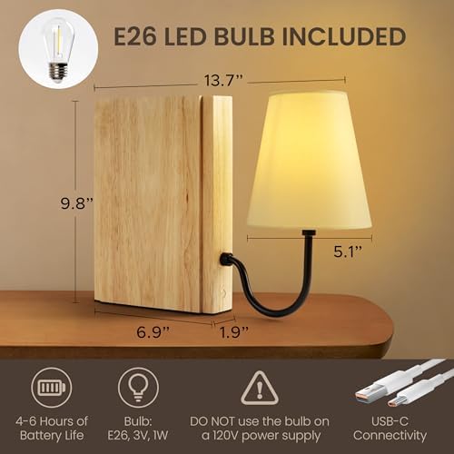 AELS Solid Wood Bookshelf Lamp with Bulb, Cordless Rechargeable Touch Dimmable Table Lamp with Linen Fabric Shade, Modern Decorative Bookend Lamp for Bedroom, Office & Bookshelf Decor, Natural - Image 2