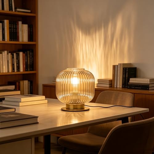 Ribbed Amber Glass Table Lamp, Mid Century Modern Nightstand Light with Gold Base, Plug-in Desk Lamp for Bedroom Living Room Office Study - Image 5