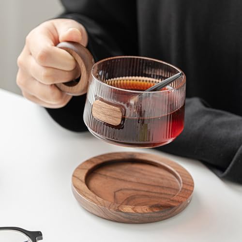 Dxcaicc Glass Coffee Cup with Wooden Handle And Black Walnut Saucer, Clear Tea Cup for Cold & Hot Beverages, Modern Glass Mug Set,B - Image 7