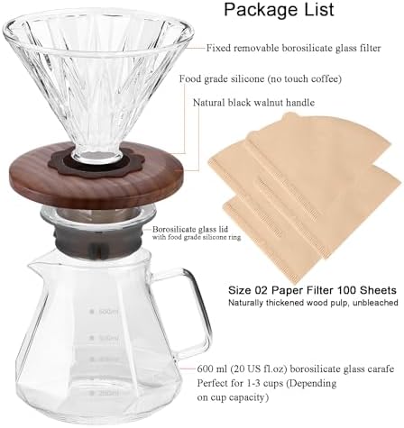 Pour Over Coffee Maker, 20 oz Borosilicate Glass Carafe with 100 pcs Size 02 Paper Filter, Walnut Handle & Glass Lid, 600 ml, Clear - Image 3