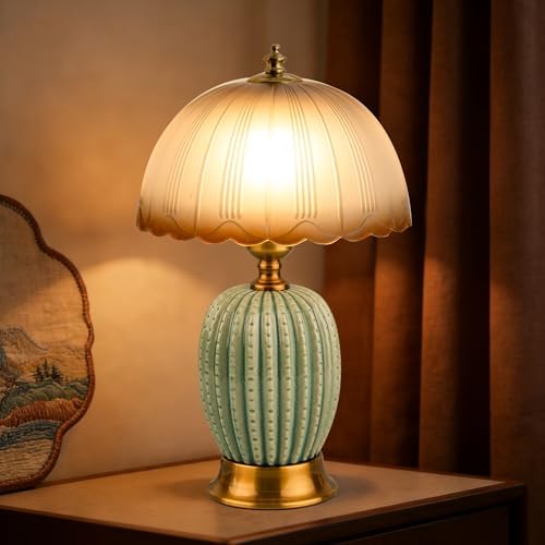 Vintage Green Ceramic Cactus Small Table Lamp for Bedroom by URLIGHTS
