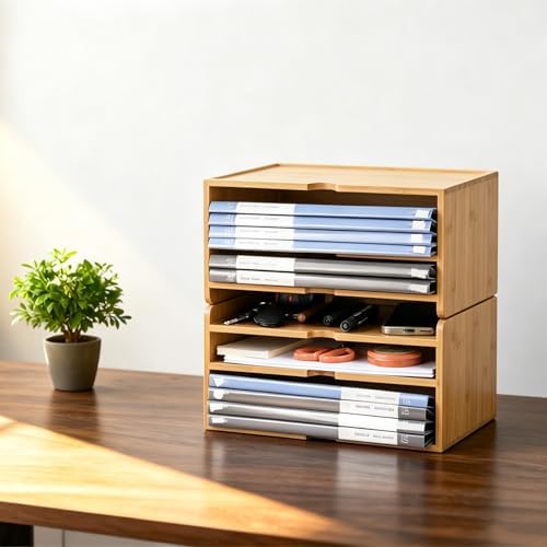 Bamboo Desk File Organizer, Stackable A4 Paper Tray Mail Holder for Office - Image 5