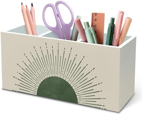 DILSJ Boho Abstract Sunshine Pen Pencil Holder Organizer for Desk, Boho Office Decor, Sage Green Mid Century Modern Minimalist Sun Sunshine Wooden Box Signs for Home Office Desk Tabletop Decoration by DILSJ