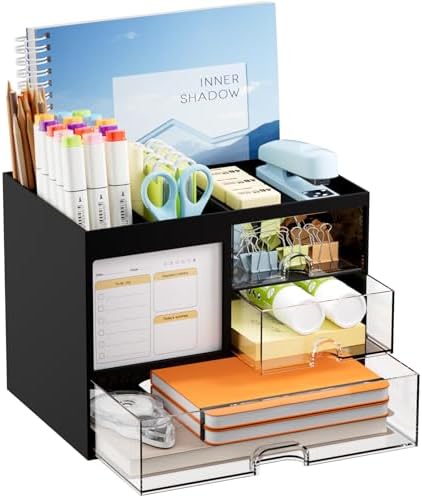 Marbrasse Desk Organizer with 3 Drawer, Multi-Functional Pencil Pen Holder for Desk, Desk Organizers and Accessories with 4 Compartments, Desktop Organizer Storage for Office Home Art Supplies (Black) by Marbrasse