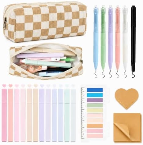 22Pcs Book Annotation Kit Aesthetic Pencil Case with Supplies School Annotation Supplies Gel Pen Transparent Sticky Note Taking Bible Study College Stationery Supplie (Beige Checkered) by AILEAM
