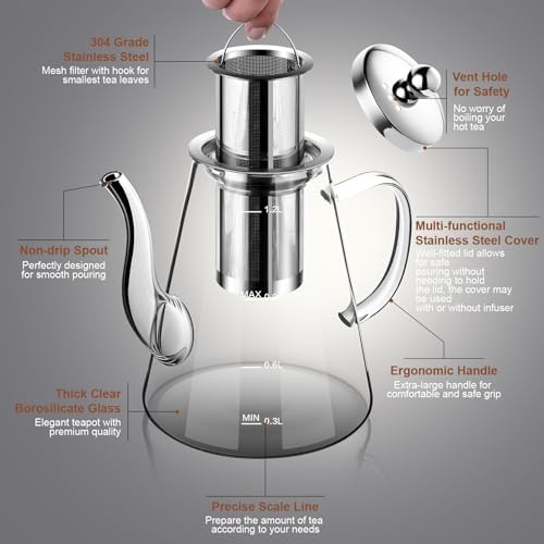 Glass Teapot, 1200ml (40oz) Tea Pot with Infuser for Loose Tea and Blooming Tea, Stovetop Safe Tea Kettle, Hand Crafted Borosilicate Glass Tea Maker with Scale Line, Tea Gift Set for Tea Lovers - Image 2