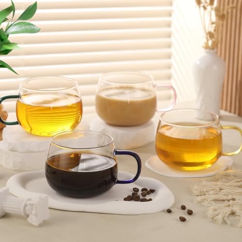 Glass Tea Cups Set of 4, Clear Borosilicate Glass Teacups with Colorful Handle for Tealover, Dishwasher & Microwave Safe Large Coffee Mugs for Espresso Cappuccino Latte Juice, 12OZ/360ML - Image 3