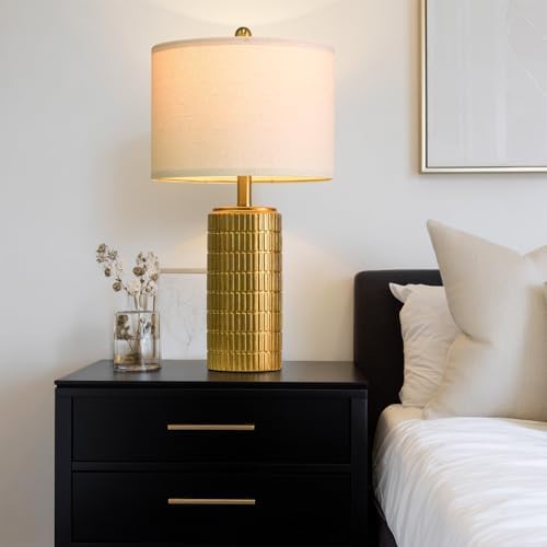 PoKat 23" Brass Gold Ceramic Table Lamps for Living Room, Retro Warm Gold Lamps for Night Stands, Vintage Bronze Decorative Lamps for Bedroom, Antique Gold Brown Nightstand Lamps for Home Decor - Image 3
